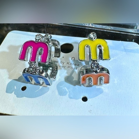 18K White Gold Plated “M” Multicolor Huggie Hoop Earrings with Diamond Accent - Picture 1 of 5